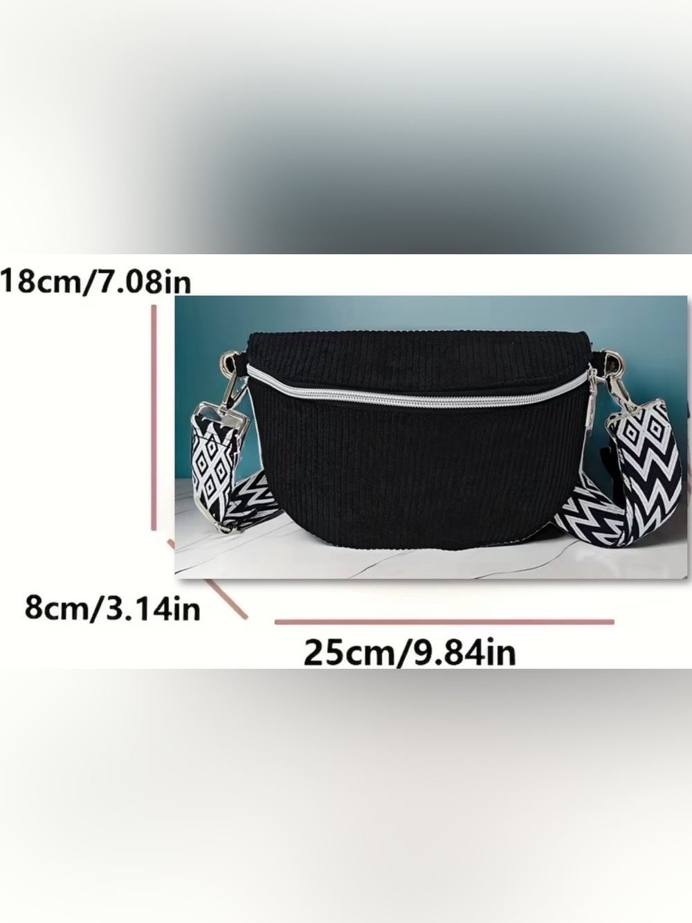 Black Corduroy Crossbody Bag with Patterned Strap - Picture 4 of 4